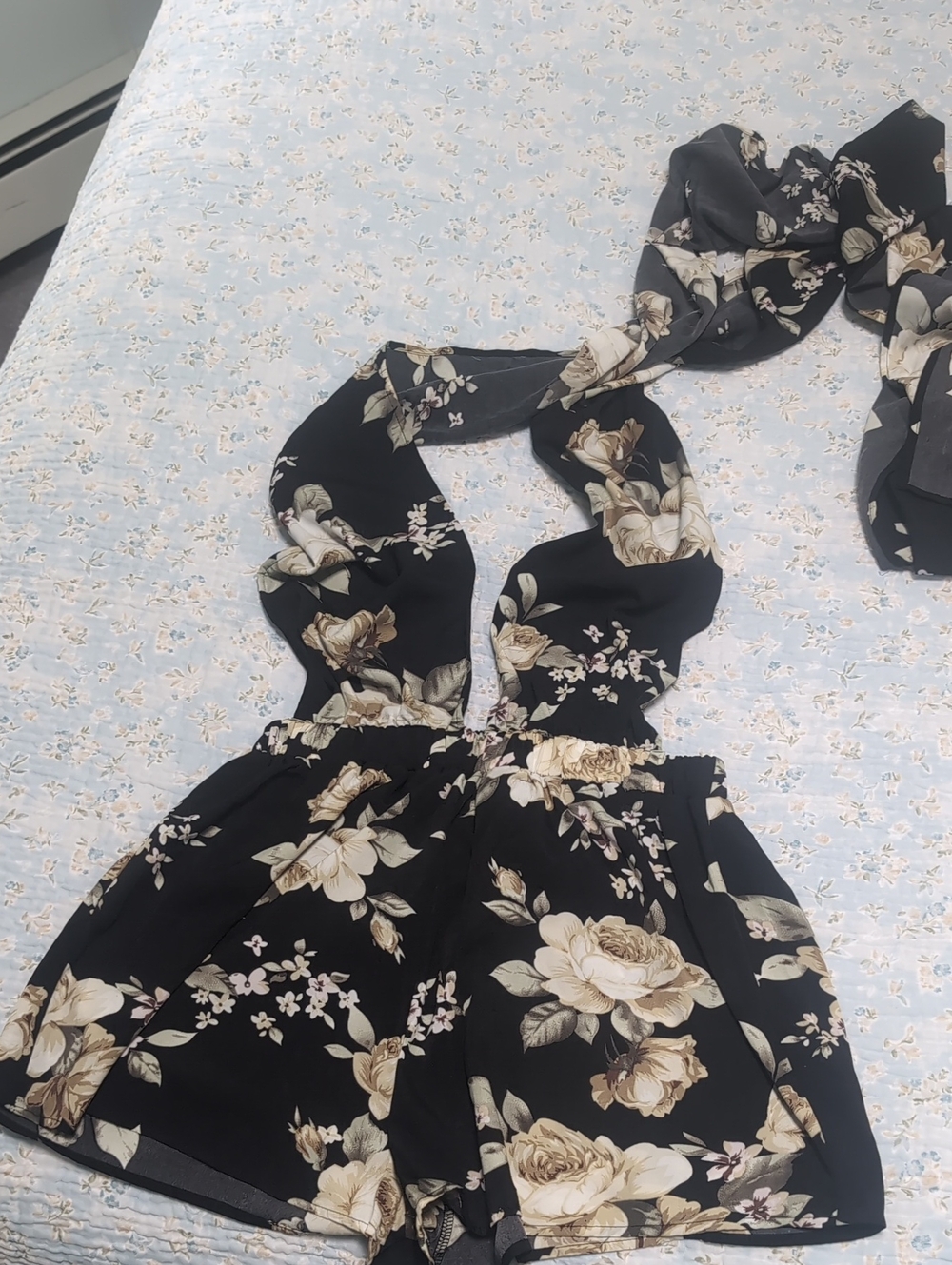 Reverse Black Floral One-Shoulder Romper with Cream Roses